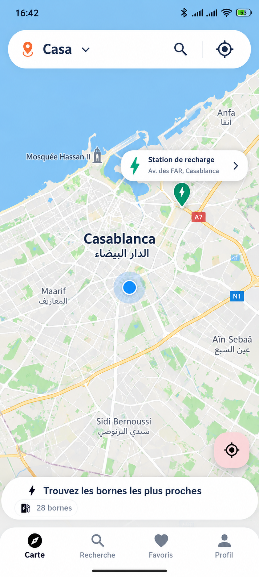 VOLTAGE app map showing nearby EV charging stations